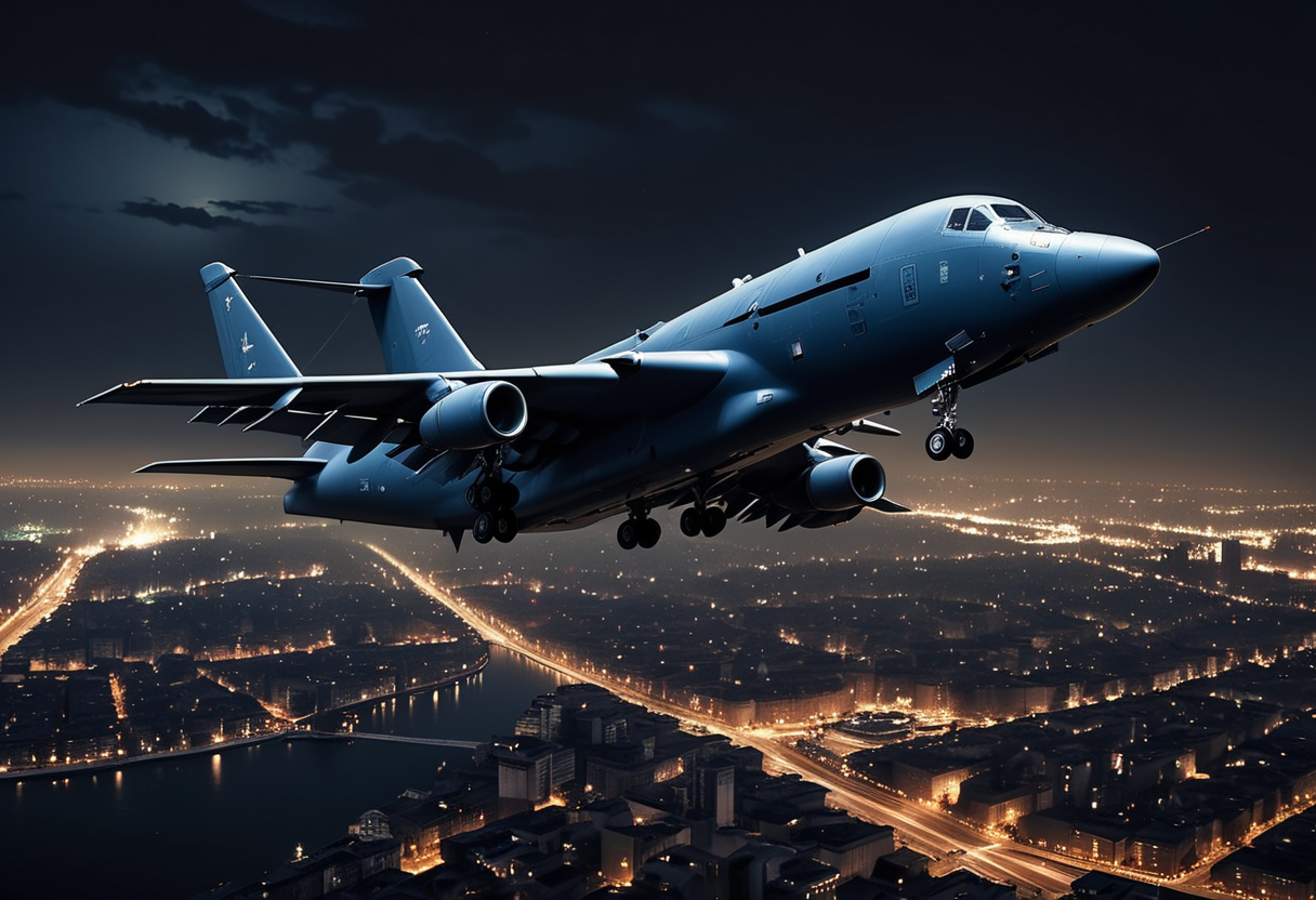 (medium full shot) of (reliable heavy navy-blue military plane) with advanced-polymer body, turboshaft engines, radar-absorbent coating, external weaponry, flying over  evading enemy fire while navigating the urban landscape, the military plane showcasing its advanced avionics, during a mission, at night, Masterpiece,best quality, photo, realistic, very aesthetic, dark