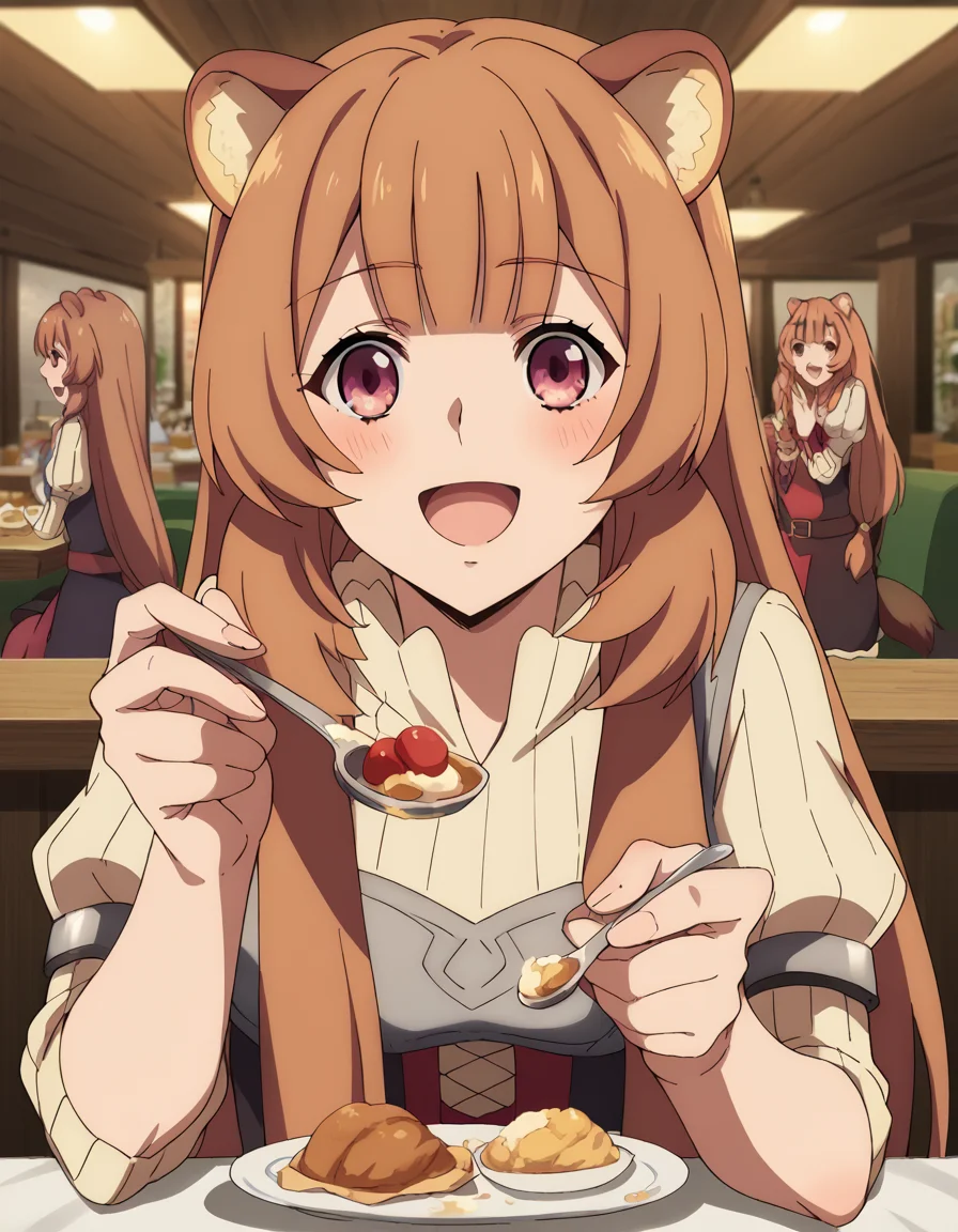 score_9, score_8_up, score_7_up, source_anime, <lora:raphtalia-s3-ponyxl-lora-nochekaiser:1>, raphtalia, long hair, bangs, brown hair, animal ears, raccoon ears, raccoon tail, raccoon girl, pink eyes, medium breasts,, <lora:incoming-spoon-ponyxl-lora-nochekaiser:1> incoming food, spoon, holding, holding spoon, food, looking at viewer, open mouth, blush, smile, restaurant, plate, hand up,, ,