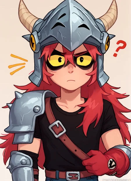 score_9, score_8_up, score_7_up, BREAK, <lora:bsdraco:1>bsdraco , 1boy, helmet, horns, black eyes , yellow sclera, red hair , long hair, black shirt, belt , jeans, helmet, solo ,long hair, arm armor, shoulder spikes , knee pads, red gloves, <lora:PossumMachine:1>posmach , confused, looking at viewer, ???