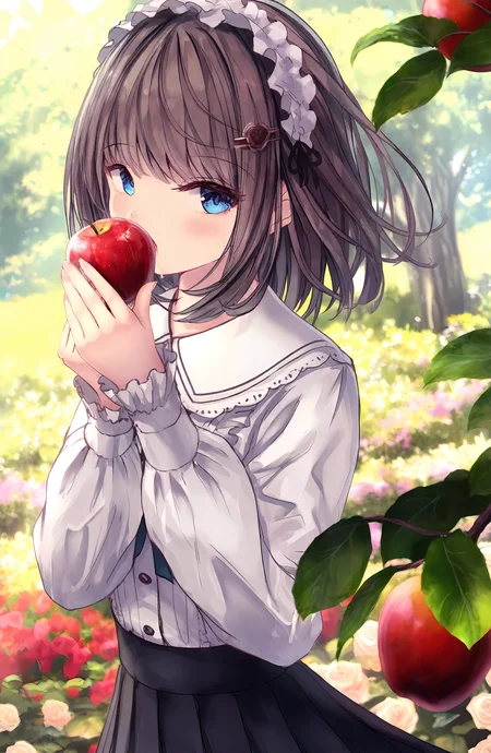 1girl, solo, looking_at_viewer, blush, blue_eyes, shirt, skirt, brown_hair, long_sleeves, holding, white_shirt, flower, outdoors, pleated_skirt, frills, hairband, food, day, black_skirt, blurry, hands_up, blurry_background, depth_of_field, fruit, rose, holding_food, red_flower, apple, holding_fruit, garden