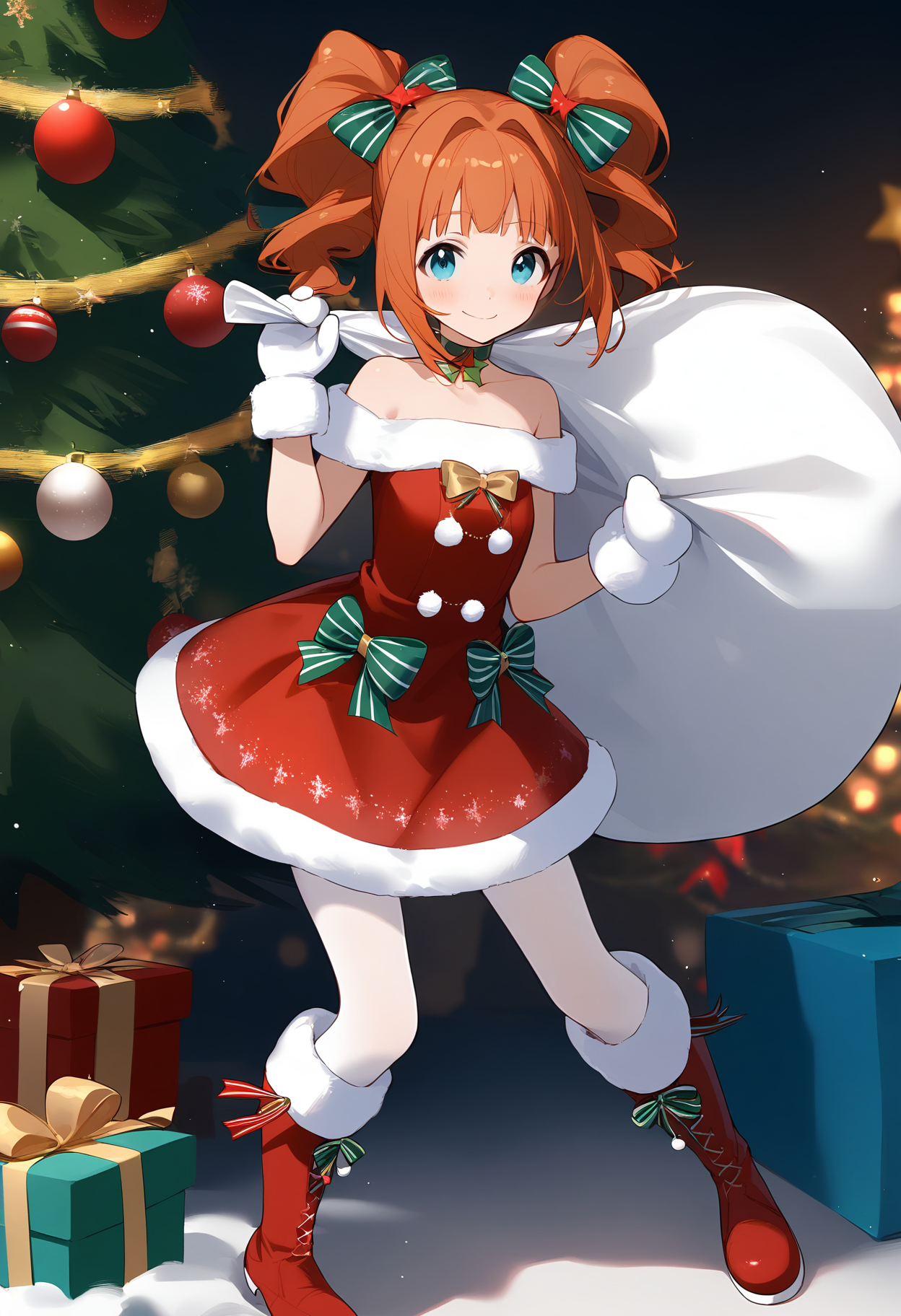 1girl,
takatsuki yayoi,


solo, twintails, christmas tree, white mittens, aqua eyes, bare shoulders, christmas ornaments, hair bow, off shoulder, holding, strapless dress, boots, fur-trimmed boots, choker, red bow, white pantyhose, dress, blush, red dress, strapless, gift, holding sack, green bow, pantyhose, hair intakes, mittens, red footwear, fur trim, short hair, full body, christmas, star \(symbol\), bow, smile, off-shoulder dress, closed mouth, orange hair, looking at viewer, sack, knee boots, short dress, standing, over shoulder,

sfw
<lora:a31_char_new_takatsuki_yayoi:1> <lora:a31_style_koni-000010:0.8>