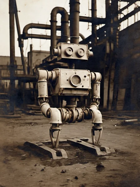 Portrait photo of a sad lamenting robot made of plastic pipes, dirt water, oil, maintenance, in an old rusty factory <lora:rppc:1>