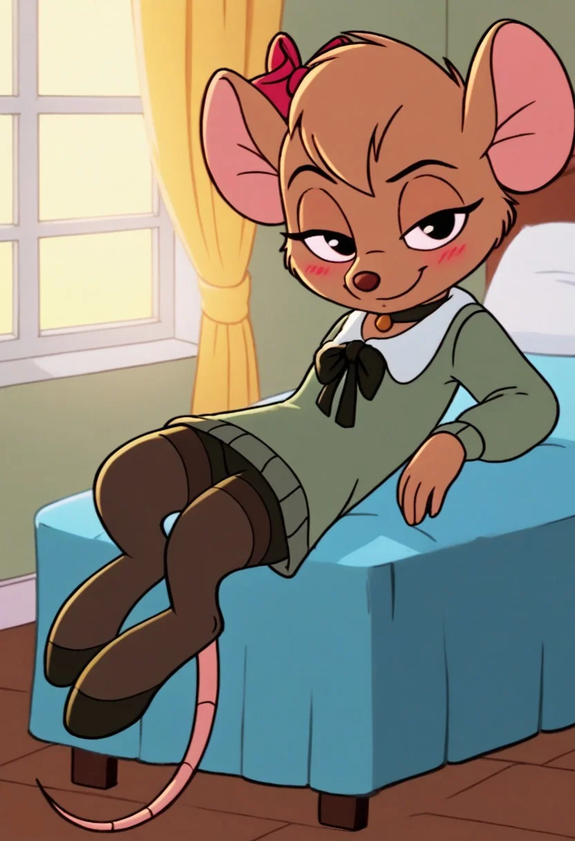 score_9, score_8_up, score_7_up, score_6_up, score_5_up, 1girl, solo, full body,
<lora:Olivia Flaversham (The Great Mouse Detective) (Pony):0.8>
Olivia_F, furry female, body fur, brown fur, animal nose, mouse ears, animal ears, (hair ribbon), short hair,
choker,
(leggings), , smug, BREAK sleepwear, clothes, covered nipples, BREAK indoors,laying on bed, sexy pose, bedroom, colorful, portrait, close-up, BREAK ((ultra-detailed)), ((best quality)), ((best quality)), ((beautiful eyes)), ((extremely detailed)), 4K, (8K), best quality, (beautiful), Master piece
seductive pose,
indoors, (detailed background), bedroom,
looking at viewer, coy smile, flirtatious look,
sultry expression, blush,
