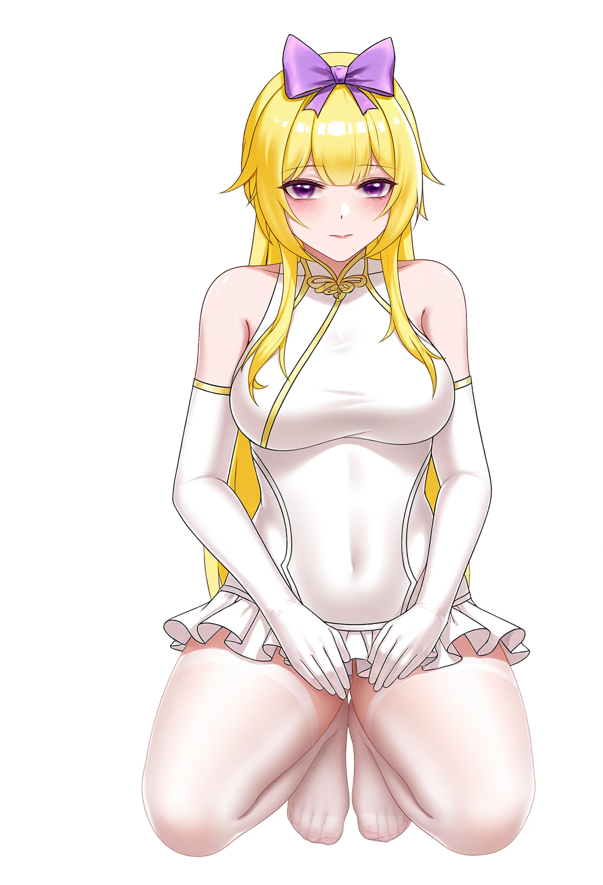 <lora:feifuhuafeng:1>feifuhuafeng, 
1girl, blonde hair, blush, bow, covered navel, elbow gloves, gloves, hair bow, long hair, looking at viewer, purple eyes, sidelocks, simple background, sleeveless, solo, squatting, white background, white gloves