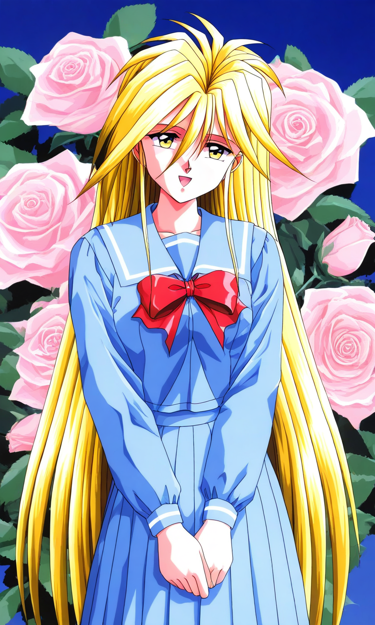 general,highres, ultra-detailed,very aesthetic,best quality ,best hands, BREAK <lora:Ijuuin_Rei_Tokimeki_Memorial_IS:1>
Ijuuin_Rei(Tokimeki_Memorial), 1girl, solo, blonde hair, yellow eyes, hair between eyes,
school uniform,  long hair, skirt, serafuku, blue serafuku, pleated skirt, blue skirt, looking at viewer, very long hair, bow, long sleeves, 
blue sailor collar, smile, open mouth, flower, rose, shirt, 1990s (style), red bow,  blue shirt, standing, 
bowtie, blue sailor collar, pink rose, bangs,