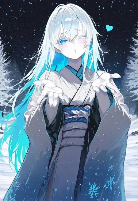 masterpiece, best quality, good quality, very awa, newest, highres, absurdres,
1girl, solo, Yukinoshita Yukino, yuki onna, outdoors ,snow-covered forest, pale skin, detailed lips, glossy lips, long silver hair,bang cover eye, glowing blue eyes, white kimono, snowflakes swirling, wind lifting hair and fabric, icy breath ,blue glow,snow fall,slash,obi, blizzard,silhouette,<lora:blowing-kiss-illustriousxl-lora-nochekaiser:1>, blowing kiss, pucked lips, heart, one eye closed, o3o, looking at viewer, hand up
limited palette, h4ra_illu <lora:illustriousXL_stabilizer_v1.23:0.3> <lora:NOOB_vp1_detailer_by_volnovik_v1:0.3> <lora:ponyv6_noobE11_2_adamW-000017:0.3> <lora:114558v4df2fsdf5:0.7> <lora:XXX667:0.4> <lora:mon_monmon2133:0.7> <lora:hara_id_21:0.6>