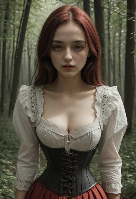 epiCRealism, (masterpiece:1.3), highes quality, High quality photo, Little Red Riding Hood weary in the woods, whita blouse rimmed with lace and underbust corset, dark, chiaroscuro, low-key, RAW photo, subsurface scattering, heavy shadow, (high quality:1.4), (intricate, high detail:1.2), professional photography, realistic, ultra realistic, photorealistic, high resolution, film photography, ambient lighting, atmospheric effects, highly detailed and hyper realistic photo of analog film photo of detailed sharp image