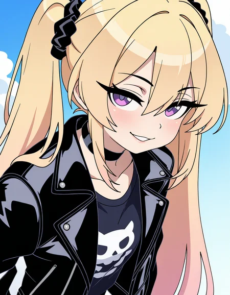 masterpiece, best quality, very aesthetic, absurdres,
outdoors, 
upper body, posing, face focus,
t-shirt, leather jacket, 
seductive smile, parted lips, long eyelashes,
<lora:Tapioca_v01_ILXL:1>
Tapioca,1girl,solo,long hair,blonde hair,black scrunchie,hair ornament,hair between eyes,twintails,very long hair,bangs,purple eyes,black choker,