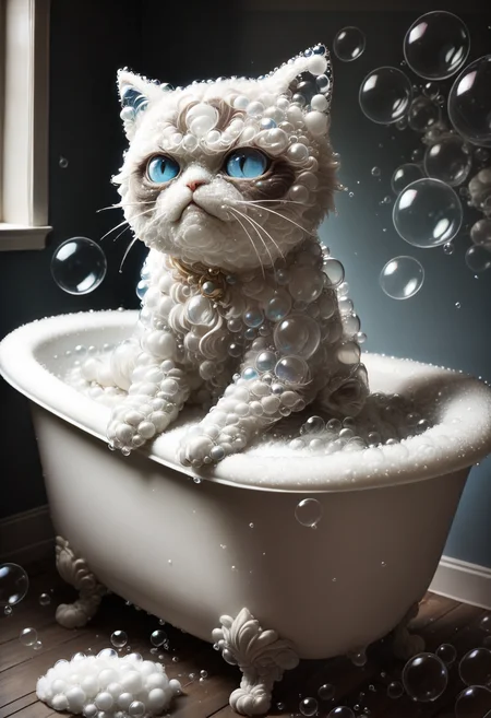 embedding:lazympos, grumpy cat made of bubbles, sitting in bathtub, foam <lora:Challenge_Winnifier_2025-03:0> <lora:Bubbles_sdxl-000013:1>