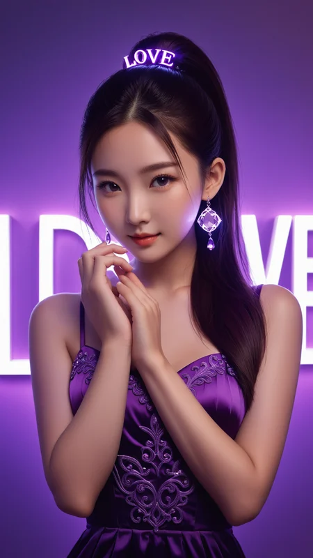 neonpunk style wallpaper,best quality,masterpiece,realistic,HDR,UHD,8K,Vivid Colors,Studio lighting,ultra-fine painting,sharp focus,physically-based rendering,Canon 35MM camera angle,art,(((1 beauiful Chinese girl holding a Amethyst))),(((the amethyst with Stone carving word "Love"))),the girl 22 years old,full body,wear purple dress with embroidery,purple Ponytail hair,Amethyst earrings,medium breasts,Bare arms,collarbones,cute face,slender,brown eye ball,bright pupils,shy,light blush,sexy pose,smile,detailed hand,indoor,ambient light,add more details,moden,hand,coral dress,,,,neon,text logo " Love",<lora:detailed_hands:1>,<lora:coraldress:0.3>,<lora:Harrlogos_v1.1:1> . cyberpunk, vaporwave, neon, vibes, vibrant, stunningly beautiful, crisp, detailed, sleek, ultramodern, magenta highlights, dark purple shadows, high contrast, cinematic, ultra detailed, intricate, professional
