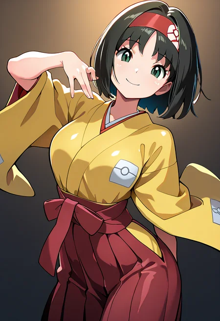 masterpiece, best quality, curvy, beautiful eyes, narrow waist, smile, looking at viewer, zzErika, erika (pokemon), green eyes, short black hair, kimono, Japanese clothes, hakama, red hairband, <lora:ErikaPokemon_IXL:1.0> dynamic pose, cowboy shot, smile, looking at viewer, shiny skin,