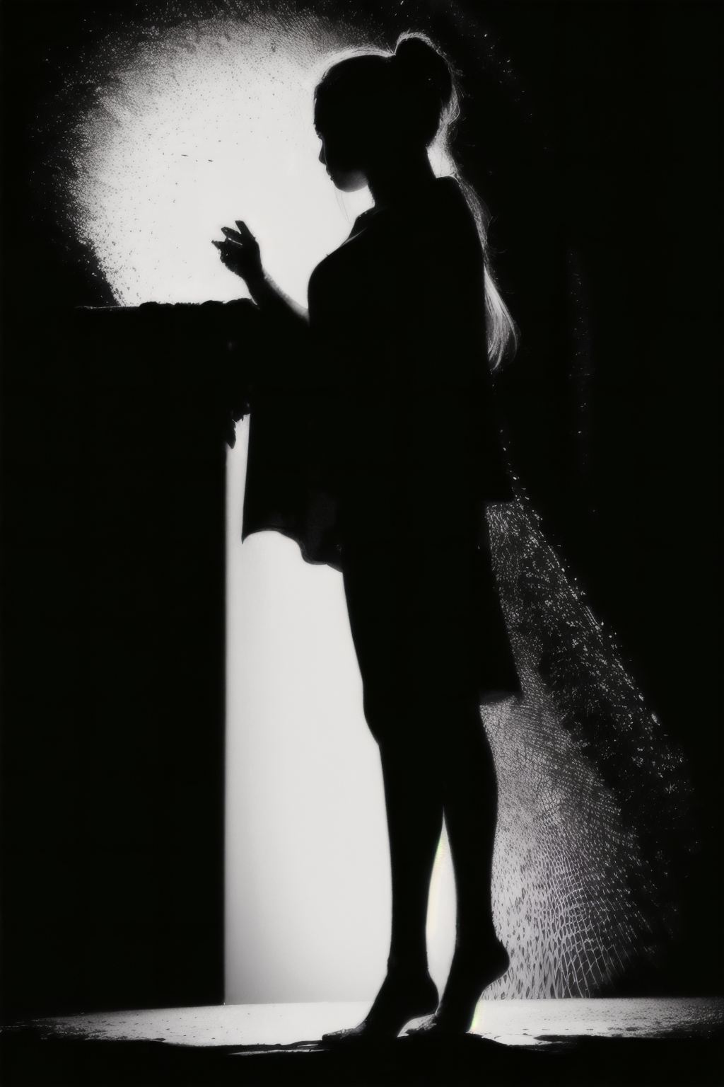 (Realisitc:1.5) (view from right side) EdobShadow a woman in the dark, Standing with arms extended out and palms facing up, (black background:1.3) <lora:EdobShadow_v1.0:1>
