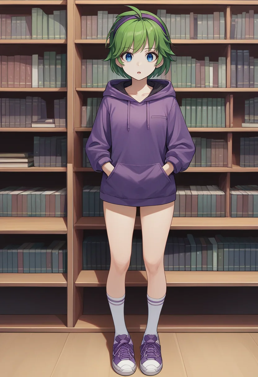 score_9, score_8_up, score_7_up, source_anime BREAK 1girl, solo, <lora:nino-fe-richy-v1_pdxl:1> ninornd, blue eyes, green hair, short hair, antenna hair, purple hairband, library, indoors, book shelf, standing, full body, purple hoodie, sneakers, socks, thighs, looking at viewer, open mouth, confused, hands in pocket