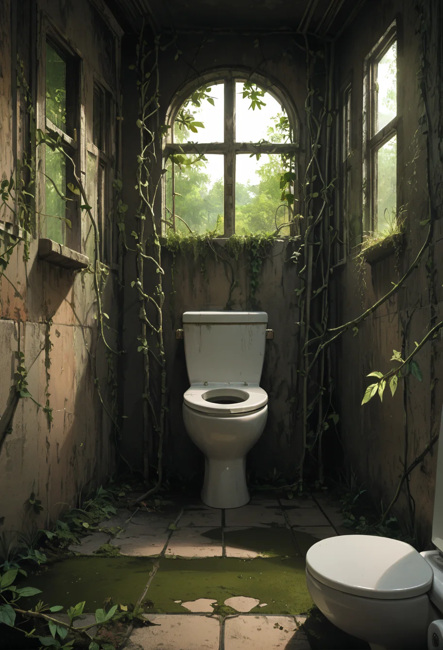 ,ruanyi0777,moss,vines,overgrown,tree,indoors,ruins,human toilet,squat toilet,tile floor,tile wall,broken window,<lora:0777 no one world_v1_pony:1>, score_9,score_8_up,score_7_up,,8k,1girl,solo,