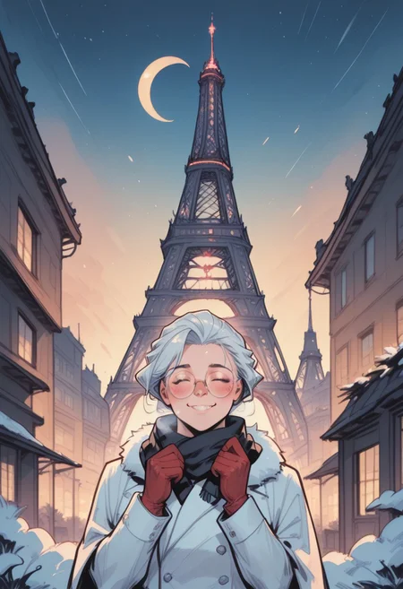 commix style, zPDXL3, PnyCmicXLPOS, score_9, score_8_up, score_7_up, masterpiece, best quality, absurdres, vibrant, highly detailed, very aesthetic, full front, from below, mature, stunning, 1girl, solo, saihoutakenoue, fluffy black scarf, long white winter coat, red gloves, fluffy gloves, glasses, standing, (cold, flushed cheeks, red nose, breathing effects:1.2), closed eyes, smile, teeth, hands on scarf, adjussting scarf, outdoors, night, snowing, Paris, (Eiffel Tower:1.5), Champ-de-Mars, city lights, (crescent moon:1.4)