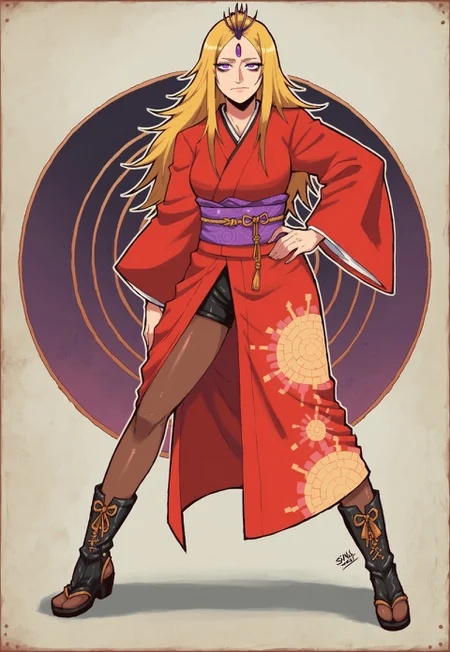 score_9, score_8_up, score_7_up, BREAK, solo, official artsyle, solo, female, golden hair,long fringe over hair, Tired eyes, shiny purple eyes, dark circles, sinic smile, wavy long hair, kimono, long sleeves, shorts, pantyhose, long knee sandal boots, posing, drhdr_style, posing, hand on hip