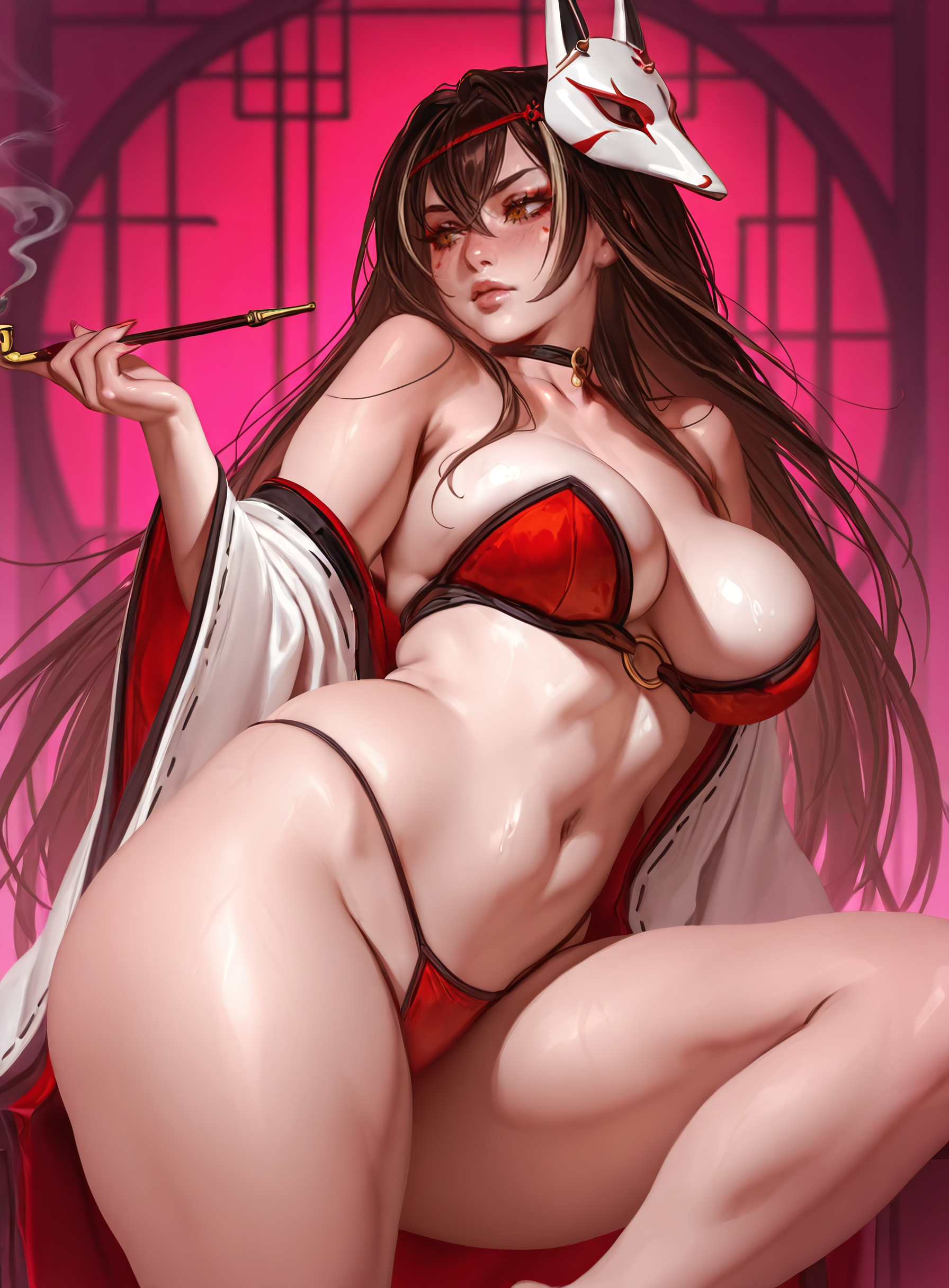 high quality, score_9, score_8_up, source_7_up, very aesthetic, high resolution, newest, depth of field, volumetric lighting, (masterpiece, best quality, ultra-detailed, High detailed), beautiful faces, more detail XL, absurdres,masterpiece,best quality,amazing quality, masterpiece,best quality,amazing quality, 8k, 
BREAK  <lora:aleriia_v_style-12:0.8> aleriia_v_style, 1girl, bare shoulders, breasts, brown eyes, brown hair, choker, holding, holding smoking pipe, horned mask, kiseru, large breasts, lips, long hair, mask, mask on head, navel, off shoulder, smoking pipe, solo, thighs