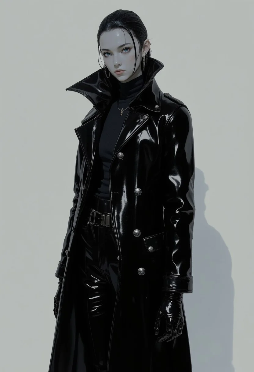 Stylized model in a monochrome fashion ensemble, dressed in a sleek black trench coat with exaggerated lapels and a high collar, giving off a confident, edgy vibe. The coat features intricate detailing with silver buttons and subtle texturing. Beneath, the model wears a fitted black turtleneck, paired with tailored black trousers, emphasizing sharp, clean lines. The outfit is completed with glossy black boots, catching the light in a high-contrast, minimalist setting. The overall look is bold and dramatic, with the model’s intense gaze and strong jawline highlighted by cinematic lighting, adding depth to the monochrome aesthetic