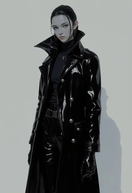 Stylized model in a monochrome fashion ensemble, dressed in a sleek black trench coat with exaggerated lapels and a high collar, giving off a confident, edgy vibe. The coat features intricate detailing with silver buttons and subtle texturing. Beneath, the model wears a fitted black turtleneck, paired with tailored black trousers, emphasizing sharp, clean lines. The outfit is completed with glossy black boots, catching the light in a high-contrast, minimalist setting. The overall look is bold and dramatic, with the model’s intense gaze and strong jawline highlighted by cinematic lighting, adding depth to the monochrome aesthetic