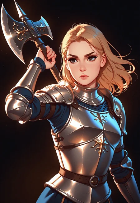Tsuaii, flat colors,high detailed, high quality, masterpiece,
1girl, upper body, (black background), dynamic lighting, standing, holding an axe, battle stance,
simple steel breastplate, medieval, knight, full plate armor,
