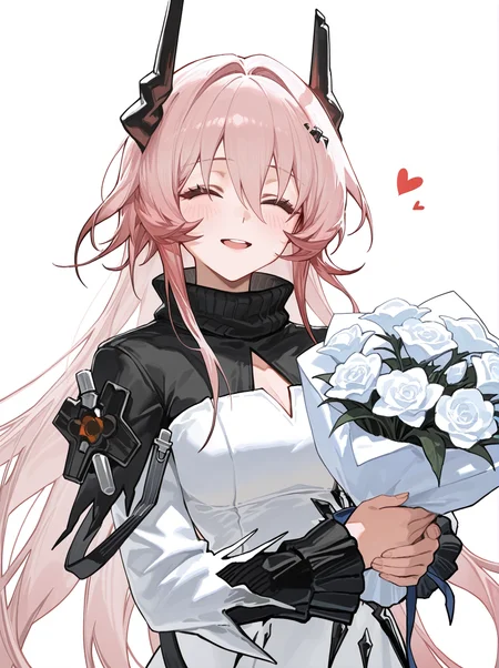 1girl,theresa \(arknights\),masterpiece,masterpiece,best quality,newest,absurdres,highres,incredibly absurdres,very aesthetic,
(shironekoban,ryuuzaki ichi),ciloranko,akizero1510,modare,cui \(jidanhaidaitang\),(horn/wood,3 \(sanyako1\):0.8),
upper body,
holding flower,happy,smile,looking at viewer,valentine,bouquet,heart,blush,closed eyes,parted lips,upper teeth only,white flowe,
white background,simple background,
<lora:hand 5.5:1.1>,<lora:theresa illu-000009:1>,
