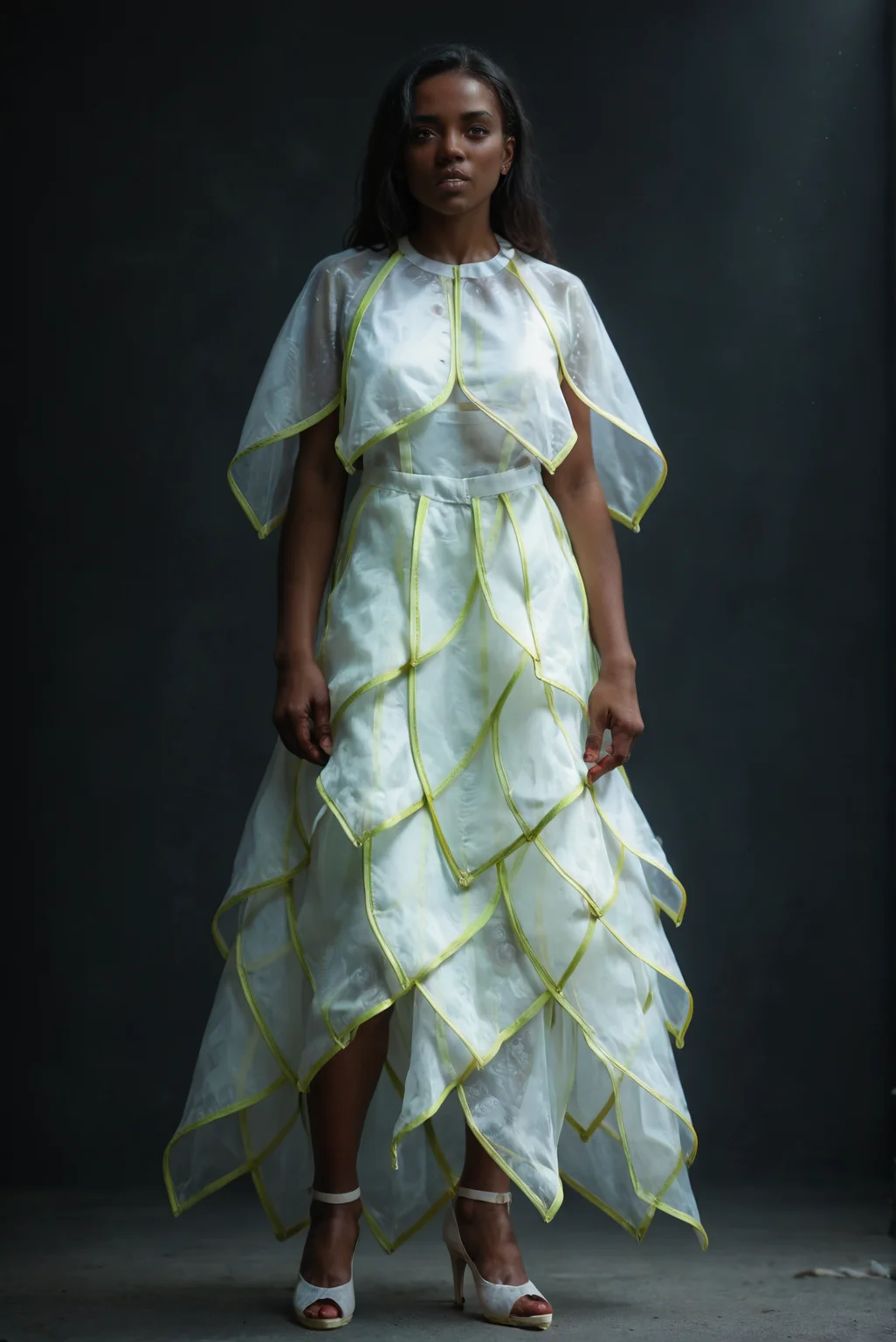 (embedding:Pony_PDXL_Negative_Embeddings\zPDXL2),dark background,1girl,full body,solo,white capelet,white dress,cowboy shot,green capelet,green dress,green trim,arms_behind_back,(black hair:1.1),very-dark skin,brown eyes,looking at viewer,high heels<lora:MyTrainings\Test\Layered_Leaves_Dress_XL_Pony_ARZUMATA.safetensors:1>