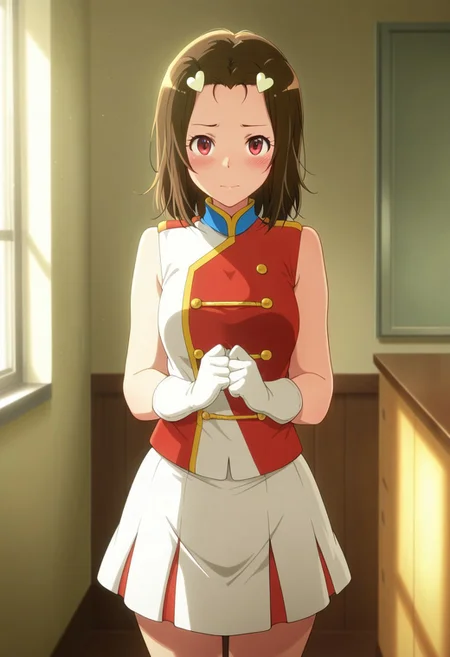 masterpiece,best quality,amazing quality, kabe tomoe, cherry-red eyes, brown hair, 1girl, solo, band uniform, gloves, blush, looking at viewer, skirt, hair ornament, white gloves