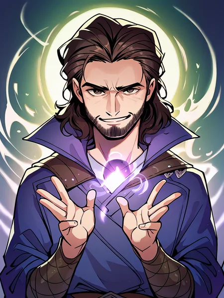 score_9, score_8_up, score_7_up, score_6_up, score_5_up, score_4_up, source_anime, BREAK
1boy, bg3gale, smirk, upper body, facial hair, beard, brown hair, brown eyes, [blue|purple] robe, magic, wizard, looking at viewer
 <lora:corneo_gale:0.9>
