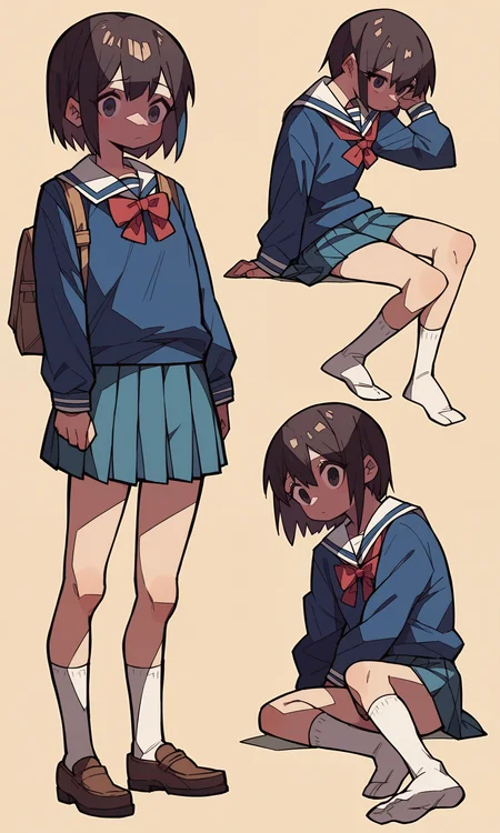 score_9, score_8_up, score_7_up, score_6_up, score_5_up, score_4_up, (source_anime),  <lora:[GP]Yaya hiyayaka style2 [Pony XL]:1.0>
1girl, school uniform, sitting, standing, lying, multiple views,