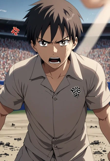 high resolution, solo, best quality, 1Boy, Takaki Toono, Brownish Hair, Brown Eyes, anger, fight, OverallDetail