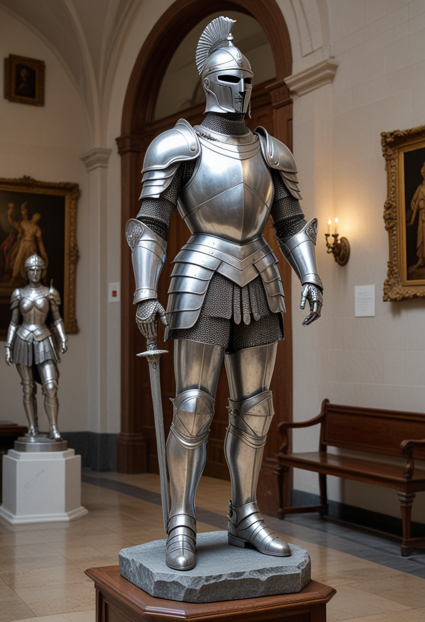 (medium full shot) of (graceful silver statue) ,  , with full suit of armor,  torch, located in  a historic museum, showcasing ancient relics, detailed exhibits, timeless architecture, peaceful galleries, rustic benches, Masterpiece,best quality, photo, realistic, very aesthetic,