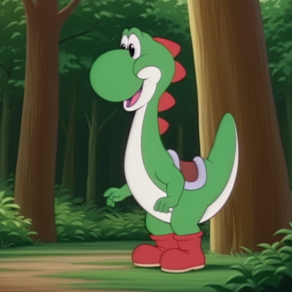 masterpiece, best quality, amazing quality, YoshiSMWilv2, feral, male, dinosaur, green skin, black eyes, red shoes, saddle, solo, full body, standing, happy, in forest,, <lora:46e25453-eee3-4a6f-aab9-139eda7a1c04:1.0>