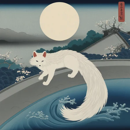 A graceful nine-tailed kitsune sits under a full moon, perched on the curved rooftop of a traditional Edo-period temple. Its fur glows softly in the moonlight, with swirling ethereal wisps surrounding it. Cherry blossoms float gently through the night air, carried by the wind. The background features a misty landscape with rolling hills and a quiet village below. The composition is inspired by Tsukioka Yoshitoshi’s supernatural Ukiyo-e prints, with deep blues and soft gradients enhancing the eerie yet elegant atmosphere.