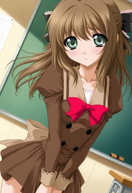 masterpiece,best quality,amazing quality, 1girl, c lip, long hair, brown hair, green eyes, hair ribbon, brown dress, red bowtie, beige bow, juliet sleeves, long sleeves, looking at viewer, indoors, chalkboard, school desk, dutch angle, collarbone,  <lora:Sweet_Lip_ILLUS_c-000008:1>,