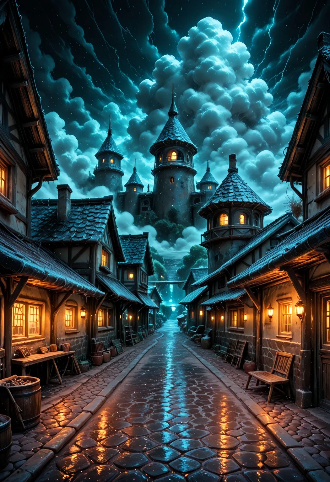 SmoothNoob_Quality, scenery, no humans, small village, thatched roofs, cobblestone streets, storm clouds, moody atmosphere, distant windmill, dust <lora:Smooth_Booster_v3:0.5>