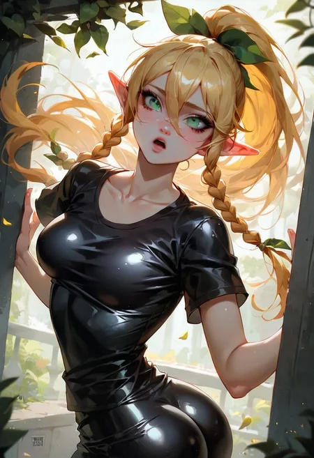 (masterpiece, best quality), 1girl, collarbone, {leafa, green eyes, blonde hair, ponytail, long hair, hair between eyes, bangs, twin braids, pointy ears,((black lather jacket,black latex t-shirt))
score_9, score_8_up, score_8_up, layering, 1girl, exposed, large soft breast, slender body, ultra detailed,(g0thicPXL:0.3), <lora:g0th1cPXL:0.3>, cover, exaggerated proportions, long hairs , blond hair, medium breasts ,large elastic buttocks, round bubble ass, (ultra wide angle shot:0.65), shallow depth of field, smooth skin texture, alluring curves, tasteful sensuality, softcore, Expressiveh