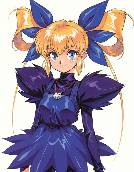 masterpiece, best quality, ultra detailed, aesthetically pleasing, absurdres, highres, ultra-detailed, beautiful detailed hair, beautiful detailed eyes, glistening skin, anime_screencap, retro anime, BREAK,
gb_mrn, 1girl, twintails, blonde hair, blue eyes, twintails, dress, black pantyhose, bow, hair bow, necklace, portrait, looking at viewer, smile, 
simple background,  <lora:Marion (Gunbird) [Illustrious]_epoch_5:1>