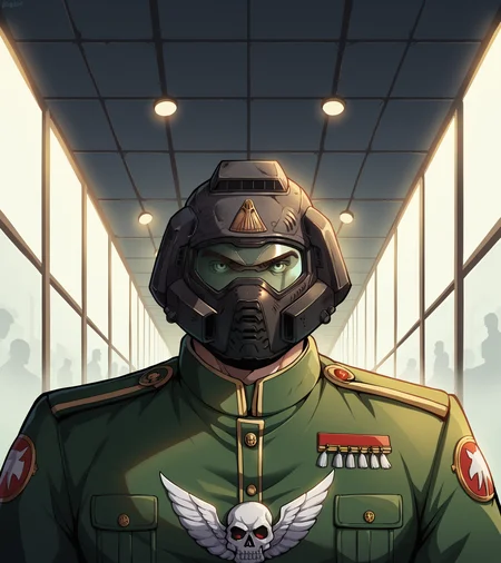 score_9, score_8_up, score_7_up, score_6_up BREAK doomguy, 1boy, helmet, muscular,helmet, male focus,solo, warhammer style,Warhammer 40000,edgCommissar, uniform, epaulettes ,wearing edgCommissar,skull emblem,millitary uniform, faceless male, dynamic pose, grim darkness, gritty, dark corridor, metal walls, steel beams, pipe, wires, science fiction, red and green glow, <lora:epic_anime_scenery_v0_1:0.5> <lora:Pony_DetailV2.0:0.5> <lora:edgWar40kCommissarv1:1> <lora:doomguy-v1_pdxl:0.7>