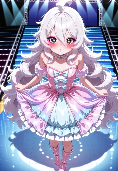 1girl, masterpiece, best quality, absurdres, Shadwo, black eyes, white hair, grey hair, very long hair, messy hair, hair between eyes, ahoge, sparkling eyes,
lipstick, pastel eyeshadow, blush, pastel makeup, cute makeup,
pastel theme, beautiful lolitafashion boots, glossy pastel intricate multilayered sweet lolitadress, lolitafashion, sparkling holographic fabric, frills, lace,  
girl focus, cute lolitaboots, boots with bows, fashion show, catwalk,
intricate, highly detailed, majestic, very aesthetic