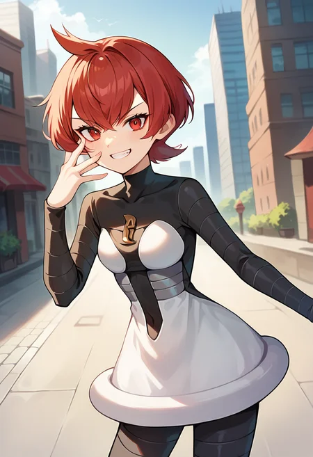 score_9, score_8_up, score_7_up, source_anime, masterpiece, 1girl, red hair, ctianm4rs, bodysuit, white short dress, outdoors, city, depth of field, looking at viewer, shaded face, evil grin, hand on face, <lora:Mars_pokemon_pony_ct_version2:1>