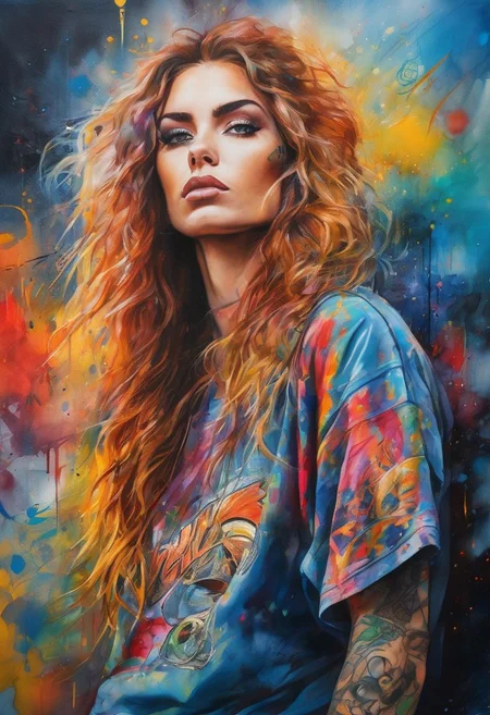 (masterpiece: 1.4), best quality, watercolor, ink, oil and pencil, oil painting, upper body portrait, raw essence of a tattooed street style icon, rebellious energy, wearing an oversized t-shirt with logos, vibrant graffiti as a background, avant-garde fashion, sense, confident look, colorful hair, rays of light transmitting through the haze, (1 girl), long curly hair, blue eyes, small smile,