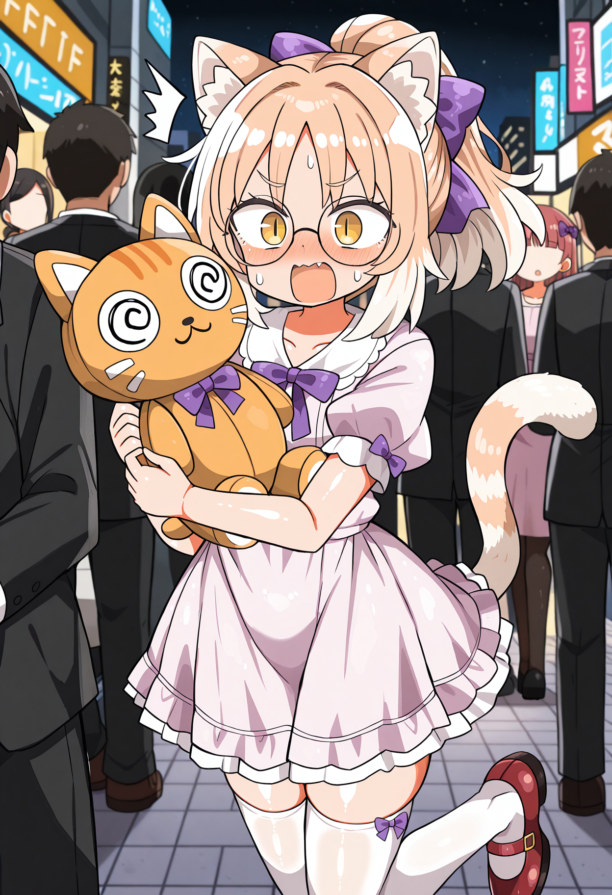 masterpiece,best quality,amazing quality,
solo,
1femboy, skinny, light orange cat ears, light orange cat tail, ponytail, air_ bangs, (light orange hair), yellow eyes, slit pupils, round glasses,
open mouth, holding, stuffed toy, blush, (@_@), shocked,
hair ornament, dress, purple bow, white thighhighs, hair bow, pink dress, red shoes,
night street, crowded,
<lora:kanikamaIL-style:1>, kanikamastyle,