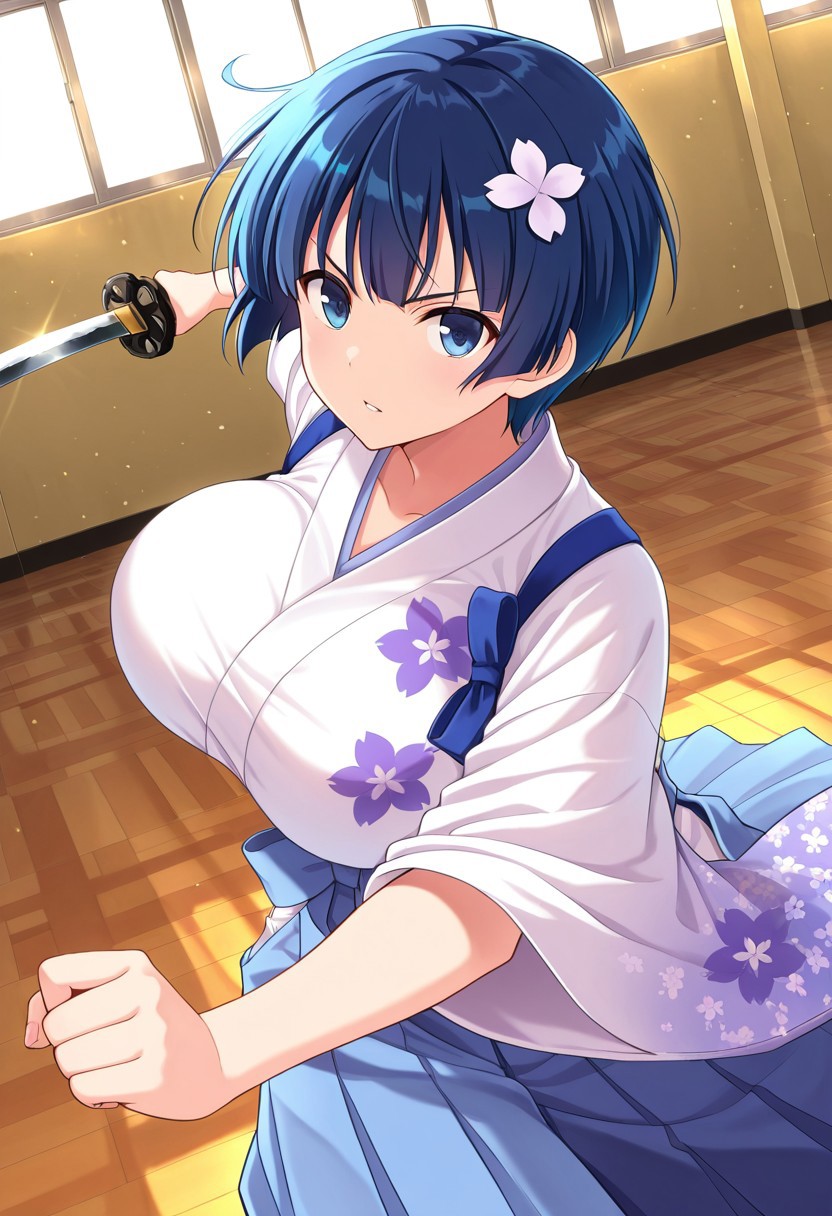 general,highres, ultra-detailed,very aesthetic,best quality ,best hands,best eyes,easynegative,
dynamic anglre, dutch angle, anime cloring,
1girl solo,looking at viewer,school,weapon,fighting, 
Yozakura,blue_eyes, blue hair, short_hair, hair_ornament, huge_breasts,Japanese clothes,