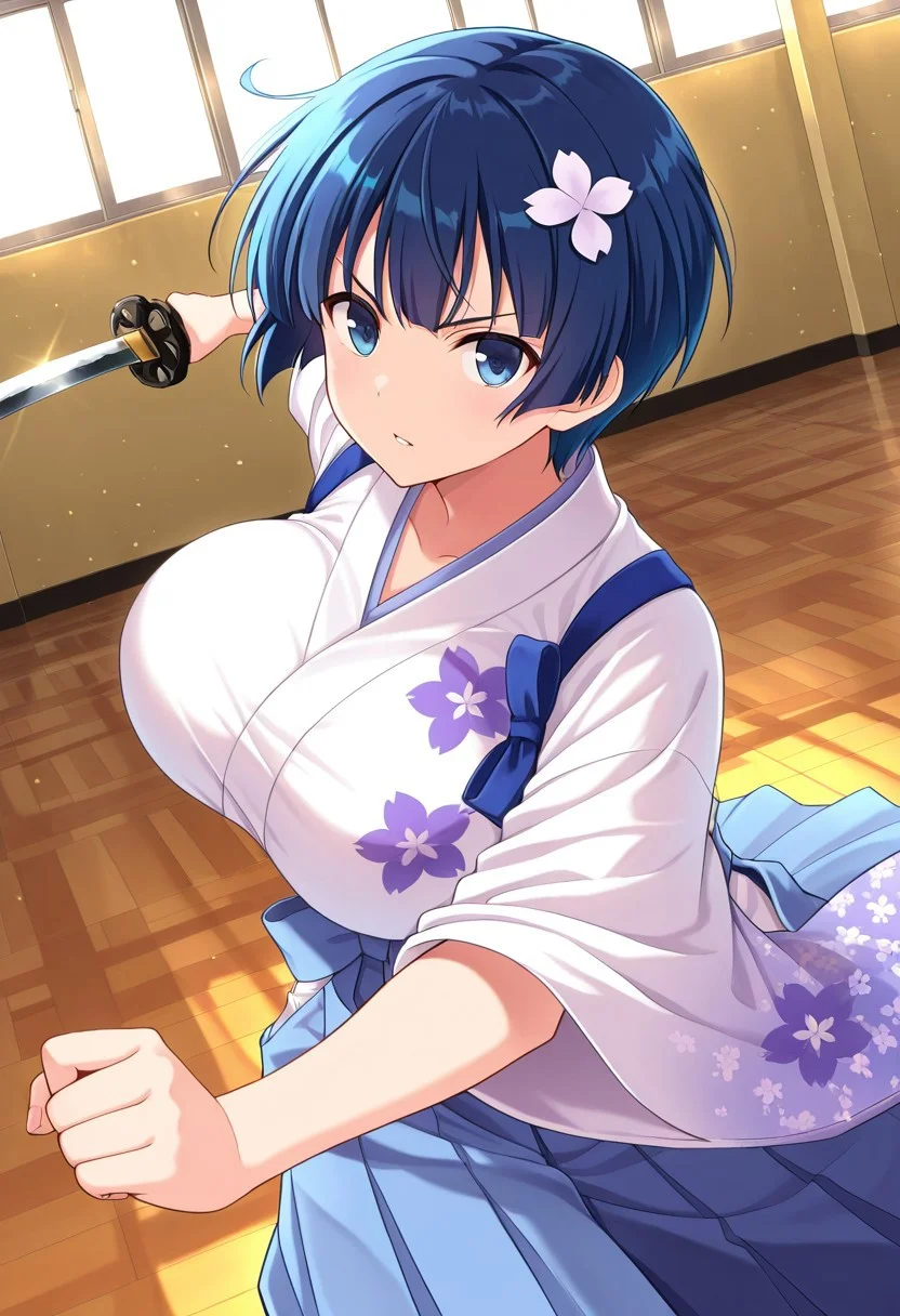 general,highres, ultra-detailed,very aesthetic,best quality ,best hands,best eyes,easynegative,
dynamic anglre, dutch angle, anime cloring,
1girl solo,looking at viewer,school,weapon,fighting,
Yozakura,blue_eyes, blue hair, short_hair, hair_ornament, huge_breasts,Japanese clothes,