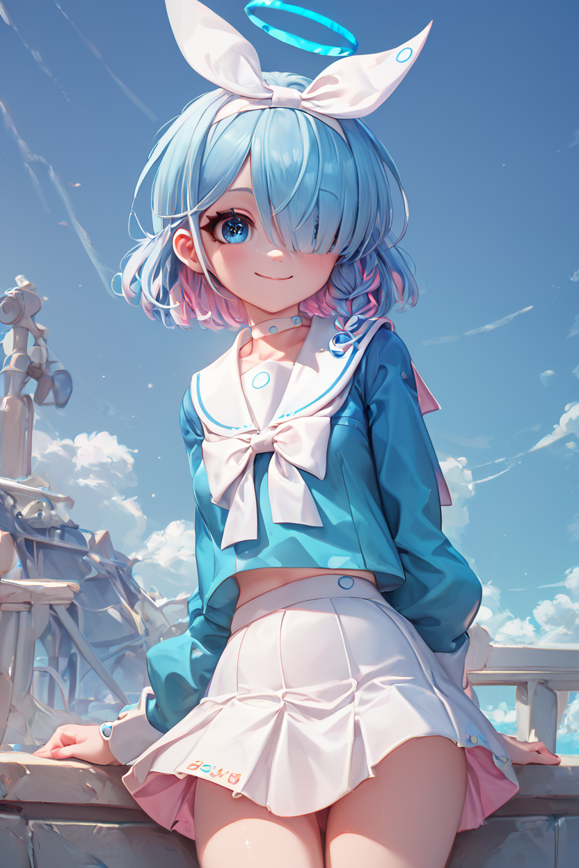 score_9, score_8_up, score_8, medium breasts, (curvy), cute, eyelashes,       BREAK, , ,,, zzArona, blue eyes, blue hair, hair over one eye, bangs, blue halo, mechanical halo, long sleeves, ribbon, school uniform, serafuku, skirt, white skirt, <lora:Arona_BlueArchive_PDXL:1.0>,   ,,,, BREAK, smile, closed mouth, looking at viewer, cowboy shot, ,,, embedding:zPDXL, Expressiveh, ,,, <lora:BeautifulCAT_PDXL:0.7>, <lora:SDXLFaeTastic2400:0.5>, <lora:Expressive_H-000001:0.4>,