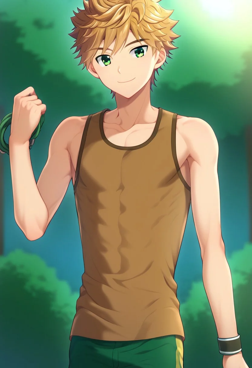 hikarishi_kenji, blond hair, short hair, bangs, green eyes, 1boy, (solo:1.20), solo focus, character with (athletic body:1.1), (balanced:1.2), brown tank top, wear black trunk, smile, proportional body, strong lower body, handfixer