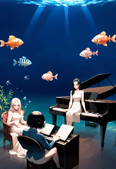 score_9, score_8_up, score_7_up, score_6_up, score_5_up, score_4_up,
<lora:Ratatatat74PonyXLv2:1> r4tr4t,
multiple girls, fish, 6+girls, phonograph, sitting, dress, black hair, underwater, long hair, instrument, speaker, short hair, piano, aquarium, chair, water