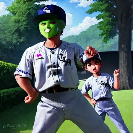 TheMask1024,smooth top of head,boy,solo,hands on hip, <lora:bulge:1.2>,holding bat in hand
,exercising in the park,so cute ,so sweet,realistic painting,clm, baseball uniform,