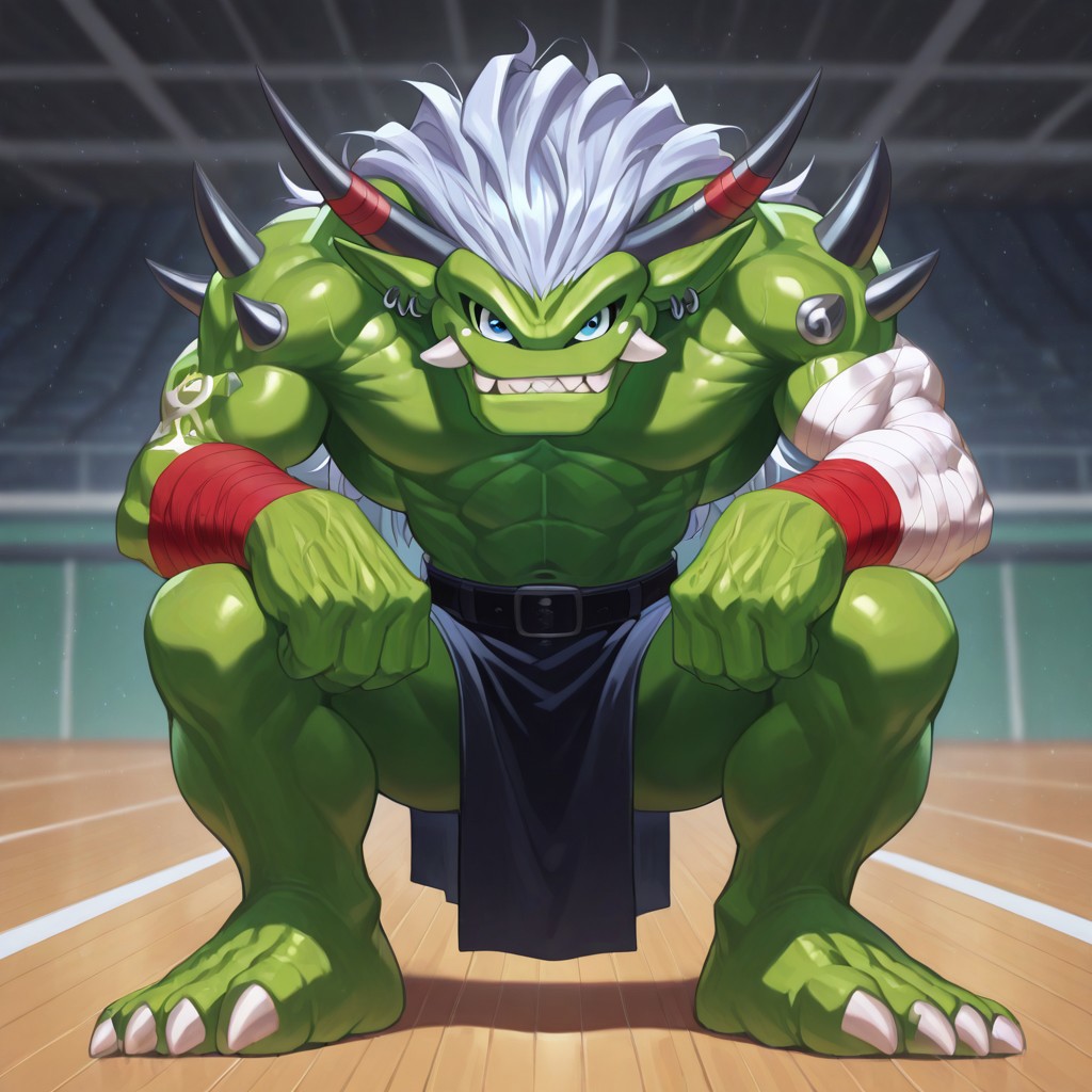 High quality, good shots, ogre10101110, Ogremon, digimon, 1boy, solo, green skin, blue eyes, bandages, loincloth, horns, black horns, no nose, gym background