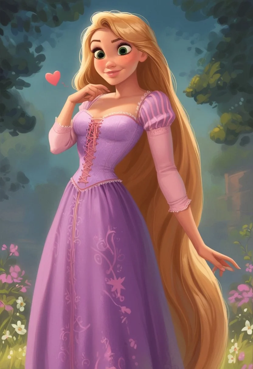 score_9, score_8_up, score_7_up, score_6_up, score_5_up, score_4_up, sexy girl,
1girl, Rapunzel, Disney, \(Tangled\)/,(ultra HD quality details), green eyes, large green eyes, brown eyelashes, blonde hair, straight hair, pale skin, very long hair, long hair, beautiful face, cute, pink lips, rosy cheeks, light freckles around her nose,
Dress, Dirndl, purple dress with a pink accent, lavender corset top, puffy sleeves, laced, pink ribbon, long skirt,
makeup, modest look, seducing viewer, hearts, posing, sexy pose, solo, large saggy boobs, fantasy forest, apple tree, submission, flowers, sun light, cinematic lightings
